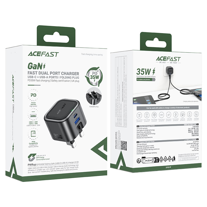 AceFast | 18498 | A120 | PD35W Folding Gan (A+C) Charger Metal Gray| UK | Black AceFast | 18498 | A120 | PD35W Folding Gan (A+C) Charger Metal Gray| UK | Black